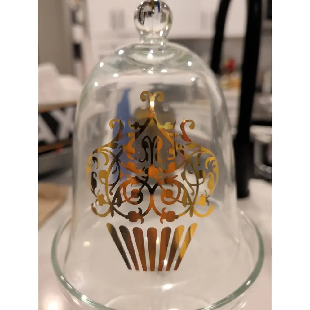 Vintage Clear Glass Cupcake Stand Cloche Dome Gold Filigree Pedestal Server